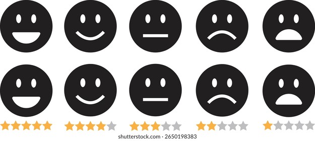 Feedback emoticon black flat icon set. Very happy, happy, neutral, sad and very sad emoji. Rating face with stars good to bad customer feedback indicator for survey, review, experience, satisfaction.