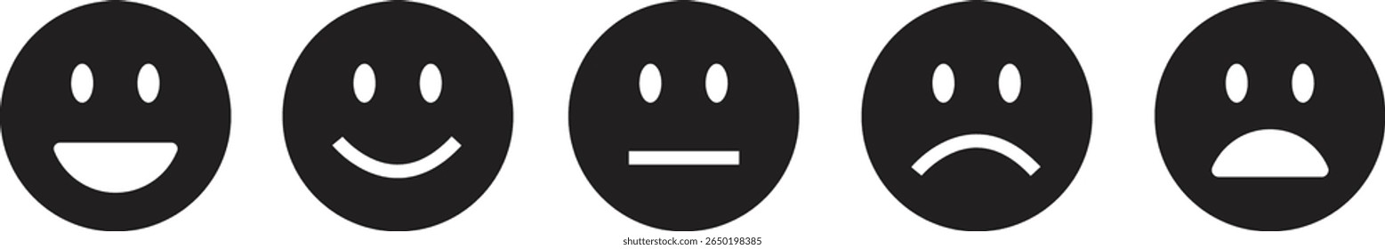 Emoticon de feedback ícone plano preto definido. Emoji muito feliz, feliz, neutro, triste e muito triste. Classificação emoji cara bom a mau indicador de feedback do cliente para pesquisa, revisões, experiência e satisfação.