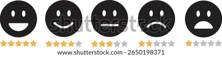 Feedback emoticon black flat icon set. Very happy, happy, neutral, sad and very sad emoji. Rating face with stars good to bad customer feedback indicator for survey, review, experience, satisfaction.