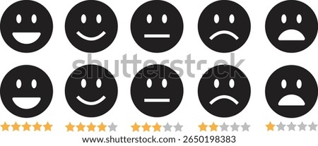 Feedback emoticon black flat icon set. Very happy, happy, neutral, sad and very sad emoji. Rating face with stars good to bad customer feedback indicator for survey, review, experience, satisfaction.
