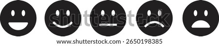Feedback emoticon black flat icon set. Very happy, happy, neutral, sad and very sad emoji. Rating face emoji good to bad customer feedback indicator for survey, reviews, experience and satisfaction.