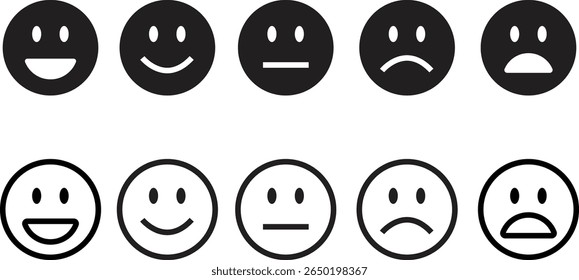 Emoticon de feedback preto plano, conjunto de ícones de linha. Emoji muito feliz, feliz, neutro, triste, muito triste. Classificação emoji cara bom a mau indicador de feedback do cliente para pesquisa, revisão, experiência e satisfação.