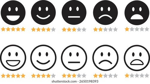 Emoticon de feedback preto plano, conjunto de ícones de linha. Emoji muito feliz, feliz, neutro, triste, muito triste. Classificação emoji cara com estrelas bom a mau indicador de feedback do cliente para pesquisa, revisão e satisfação.