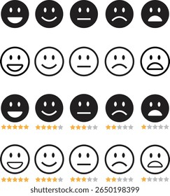 Feedback emoticon black flat, line icon set. Very happy, happy, neutral, sad, very sad emoji. Rating face emoji with stars good to bad customer feedback indicator for survey, review and satisfaction.