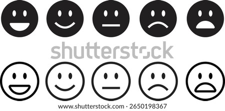 Feedback emoticon black flat, line icon set. Very happy, happy, neutral, sad, very sad emoji. Rating face emoji good to bad customer feedback indicator for survey, review, experience and satisfaction.