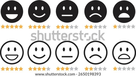 Feedback emoticon black flat, line icon set. Very happy, happy, neutral, sad, very sad emoji. Rating face emoji with stars good to bad customer feedback indicator for survey, review and satisfaction.