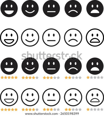 Feedback emoticon black flat, line icon set. Very happy, happy, neutral, sad, very sad emoji. Rating face emoji with stars good to bad customer feedback indicator for survey, review and satisfaction.