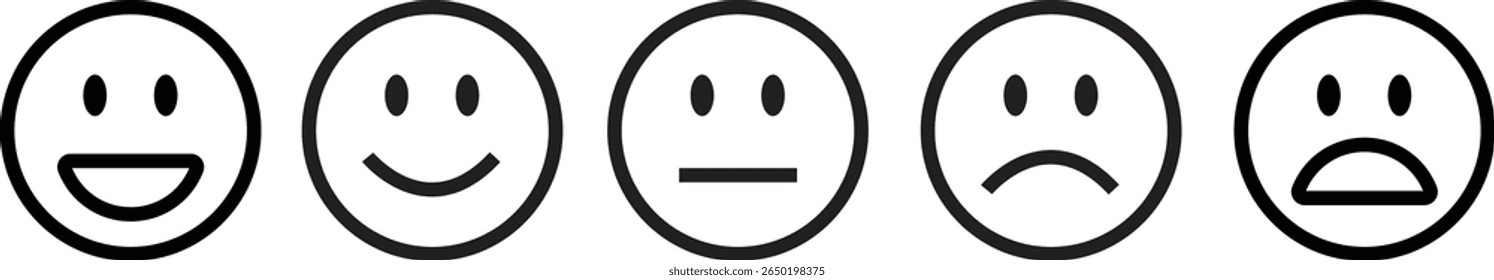 Ícone de contorno preto do emoticon de comentários definido. Emoji muito feliz, feliz, neutro, triste e muito triste. Classificação emoji cara bom a mau indicador de feedback do cliente para pesquisa, revisão, experiência e satisfação.