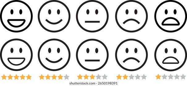 Ícone de contorno preto do emoticon de comentários definido. Emoji muito feliz, feliz, neutro, triste e muito triste. Face de classificação com estrela bom a mau indicador de feedback do cliente para pesquisa, revisão, experiência, satisfação
