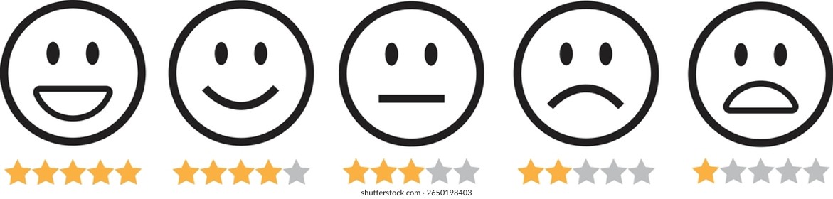 Feedback emoticon black outline icon set. Very happy, happy, neutral, sad and very sad emoji. Rating face with star good to bad customer feedback indicator for survey, review, experience, satisfaction