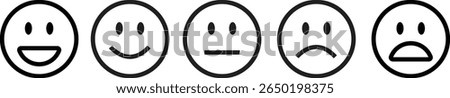 Feedback emoticon black outline icon set. Very happy, happy, neutral, sad and very sad emoji. Rating face emoji good to bad customer feedback indicator for survey, review, experience and satisfaction.