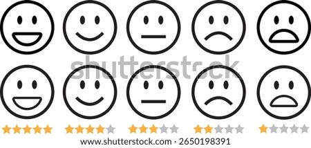Feedback emoticon black outline icon set. Very happy, happy, neutral, sad and very sad emoji. Rating face with star good to bad customer feedback indicator for survey, review, experience, satisfaction