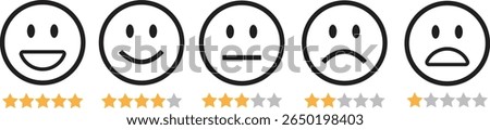 Feedback emoticon black outline icon set. Very happy, happy, neutral, sad and very sad emoji. Rating face with star good to bad customer feedback indicator for survey, review, experience, satisfaction