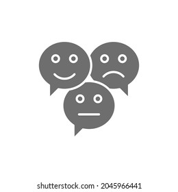 Feedback emoticon chats, positive, negative and neutral speech bubbles grey icon