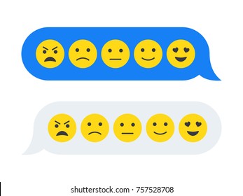 Feedback emoticon emoji smiley icon in chat bubbles. Level of satisfaction rating. Feedback in form of emotions in pop-up. Flat vector illustration