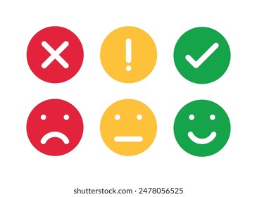 Feedback emoticon flat design icon set from negative to positive. different moods smiles and check mark sign, vector icons set.Emotions Range Vector Icon.