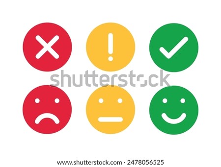Feedback emoticon flat design icon set from negative to positive. different moods smiles and check mark sign, vector icons set.Emotions Range Vector Icon.
