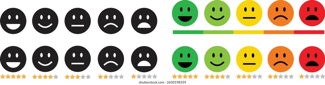 Conjunto de ícones planos de emoticon de comentários. Emoji muito feliz, feliz, neutro, triste e muito triste. Classificação emoji cara com estrelas bom a mau indicador de feedback do cliente para pesquisa, revisão, experiência, satisfação.