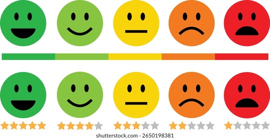 Conjunto de ícones planos de emoticon de comentários. Emoji muito feliz, feliz, neutro, triste e muito triste. Classificação emoji cara com estrelas bom a mau indicador de feedback do cliente para pesquisa, comentários, experiência, satisfação.