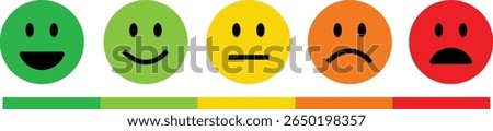 Feedback emoticon flat icon set. Very happy, happy, neutral, sad and very sad emoji. Rating face emoji good to bad customer feedback indicator for survey, reviews, experience and satisfaction.