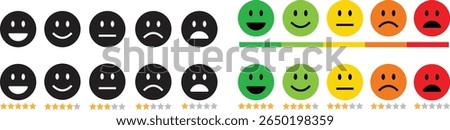 Feedback emoticon flat icon set. Very happy, happy, neutral, sad and very sad emoji. Rating face emoji with stars good to bad customer feedback indicator for survey, review, experience, satisfaction.