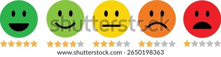 Feedback emoticon flat icon set. Very happy, happy, neutral, sad and very sad emoji. Rating face emoji with stars good to bad customer feedback indicator for survey, reviews, experience, satisfaction.