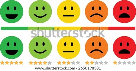 Feedback emoticon flat icon set. Very happy, happy, neutral, sad and very sad emoji. Rating face emoji with stars good to bad customer feedback indicator for survey, reviews, experience, satisfaction.
