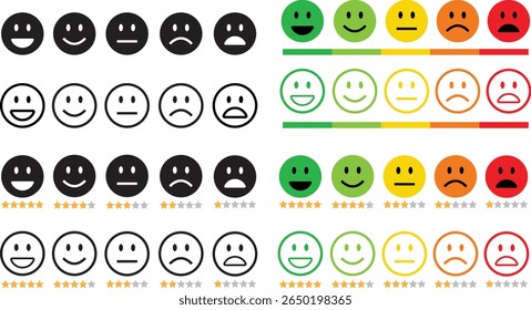 Emoticon de comentários plano e conjunto de ícones de estrutura de tópicos. Emoji muito feliz, feliz, neutro, triste, muito triste. Classificação emoji cara com estrelas bom a mau indicador de feedback do cliente para pesquisa, revisão e experiência.