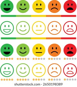 Emoticon plano de comentários, conjunto de ícones de estrutura de tópicos. Emoji muito feliz, feliz, neutro, triste e muito triste. Classificação emoji cara com estrelas bom a mau indicador de feedback do cliente para pesquisa, revisão e experiência.