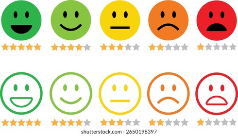 Emoticon plano de comentários, conjunto de ícones de estrutura de tópicos. Emoji muito feliz, feliz, neutro, triste e muito triste. Classificação emoji cara com estrelas indicador de feedback de bom a mau cliente para pesquisa, comentários e experiência.
