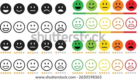 Feedback emoticon flat and outline icon set. Very happy, happy, neutral, sad, very sad emoji. Rating face emoji with stars good to bad customer feedback indicator for survey, review and experience.