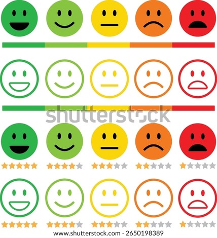 Feedback emoticon flat, outline icon set. Very happy, happy, neutral, sad and very sad emoji. Rating face emoji with stars good to bad customer feedback indicator for survey, review and experience.