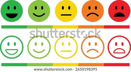 Feedback emoticon flat, outline icon set. Very happy, happy, neutral, sad and very sad emoji. Rating face emoji good to bad customer feedback indicator for survey, review, experience and satisfaction.