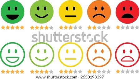Feedback emoticon flat, outline icon set. Very happy, happy, neutral, sad and very sad emoji. Rating face emoji with stars good to bad customer feedback indicator for survey, reviews and experience.