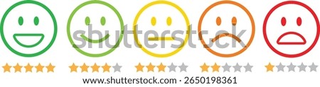 Feedback emoticon line icon set. Very happy, happy, neutral, sad and very sad emoji. Rating face emoji with stars good to bad customer feedback indicator for survey, reviews, experience, satisfaction.