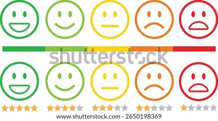 Feedback emoticon line icon set. Very happy, happy, neutral, sad and very sad emoji. Rating face emoji with stars good to bad customer feedback indicator for survey, reviews, experience, satisfaction.