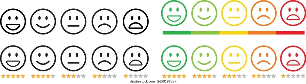 Feedback emoticon outline icon set. Very happy, happy, neutral, sad and very sad emoji. Rating face emoji with star good to bad customer feedback indicator for survey, review, experience, satisfaction