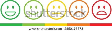 Feedback emoticon outline icon set. Very happy, happy, neutral, sad and very sad emoji. Rating face emoji good to bad customer feedback indicator for survey, reviews, experience and satisfaction.