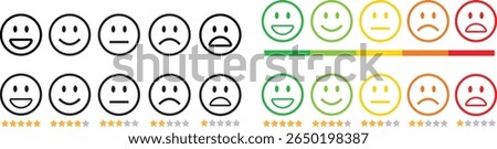 Feedback emoticon outline icon set. Very happy, happy, neutral, sad and very sad emoji. Rating face emoji with star good to bad customer feedback indicator for survey, review, experience, satisfaction