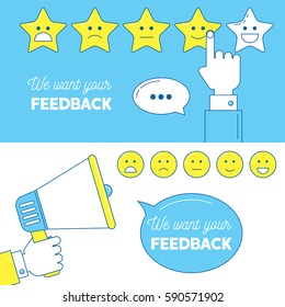 Feedback emoticon scale banners. We need your feedback illustration with hands and loudspeaker