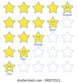 Feedback emoticon star scale. Line design positive and negative emotions with text