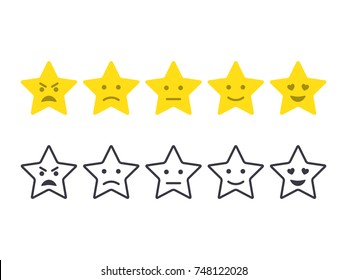 Feedback emoticon stars. Survey stars smiley set. Customer experience evaluation. Rating system stars. Level of satisfaction rating. Vector flat and outline icon set