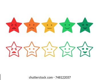 Estrellas emoticonas de retroalimentación. Estrellas sonrientes. Evaluación de la experiencia del cliente. Estrellas del sistema de clasificación. Nivel de satisfacción. Conjunto de iconos planos del vector