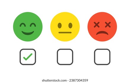 Feedback emoticons emojis. Check mark icon check box frame. Smiley icon set , happy, neutral, sad, emoji, icon - Customer satisfaction rating scale with good and bad emotions. Vector illustration
