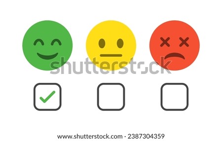 Feedback emoticons emojis. Check mark icon check box frame. Smiley icon set , happy, neutral, sad, emoji, icon - Customer satisfaction rating scale with good and bad emotions. Vector illustration