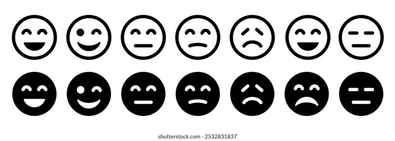 Feedback Emoticons face icon set. Feedback rating emoji. Bad and Good Review. Happy and Sad reaction. Mood faces for survey, rating icons. Vector illustration