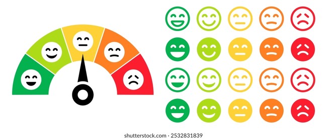 Feedback Emoticons face icon set. Feedback rating emoji. Bad and Good Review. Happy and Sad reaction. Mood faces for survey, rating icons. Vector illustration