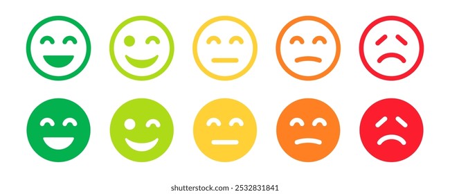 Feedback Emoticons face icon set. Feedback rating emoji. Bad and Good Review. Happy and Sad reaction. Mood faces for survey, rating icons. Vector illustration