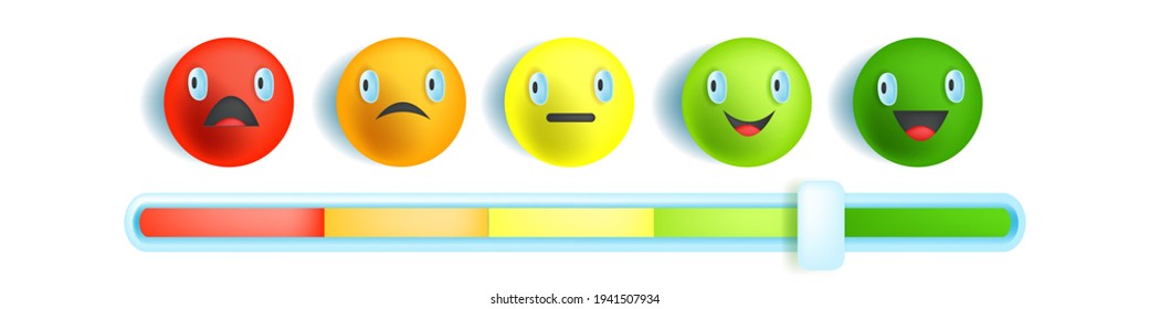Feedback emotion bar slider, customer satisfaction level scale, multicolored round vector face, icon. Service evaluation, horizontal review meter, rating concept isolated on white. Feedback bar design