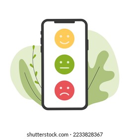 Feedback emotion scale on phone. Reviews with good and bad rating. Feedback in the form of emotions. Vector flat illustration